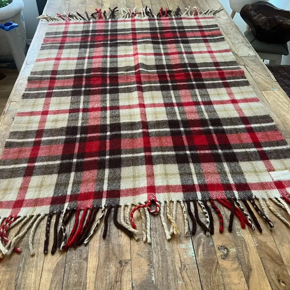 Unbranded Blanket Small Throw 100% Wool Red & Cream Plaid Made in England